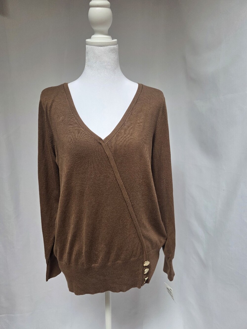 JM Collection Brown Faux Wrap Sweater Gold-Tone Button Detail M NWT